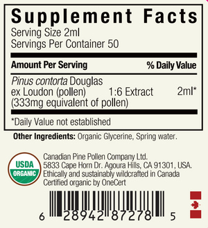 Alcohol Free- Lodgepole Pine Pollen Tincture - Certified Organic (100mL-3.4 fl oz)