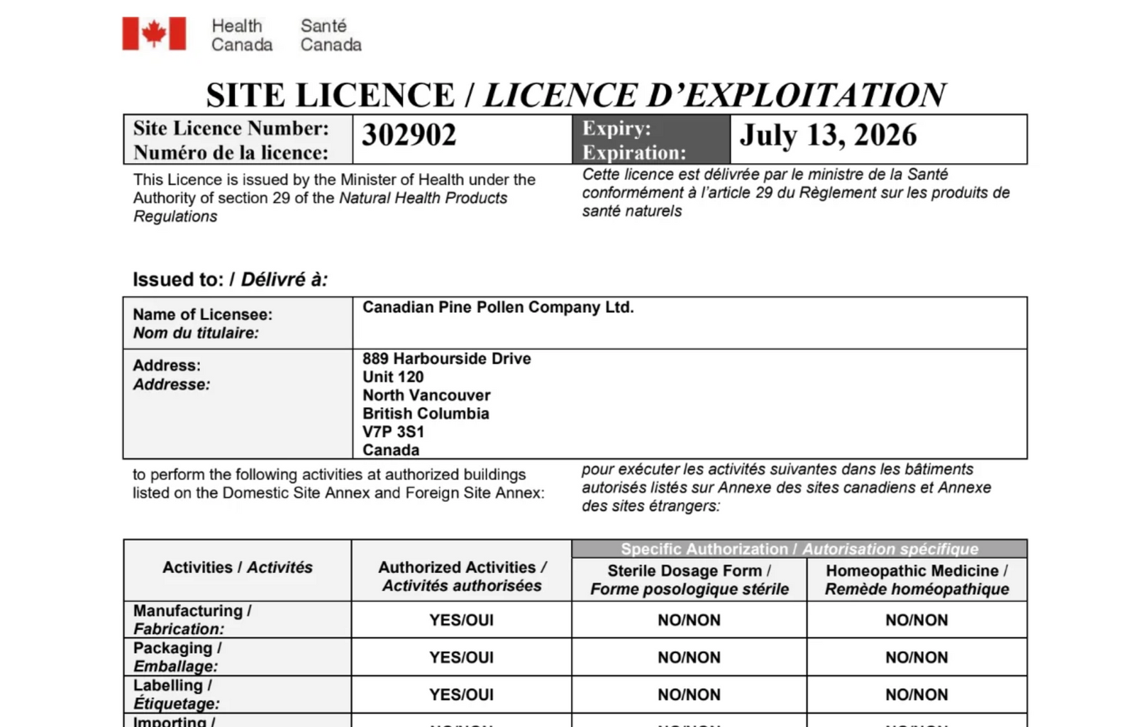 Canadian Pine Pollen Company Health Canada Site Licence-2025-2026