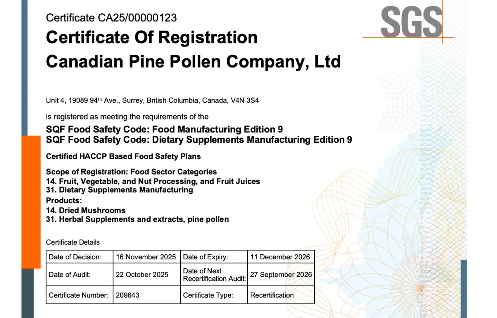 945-600 Pine pollen certificate
