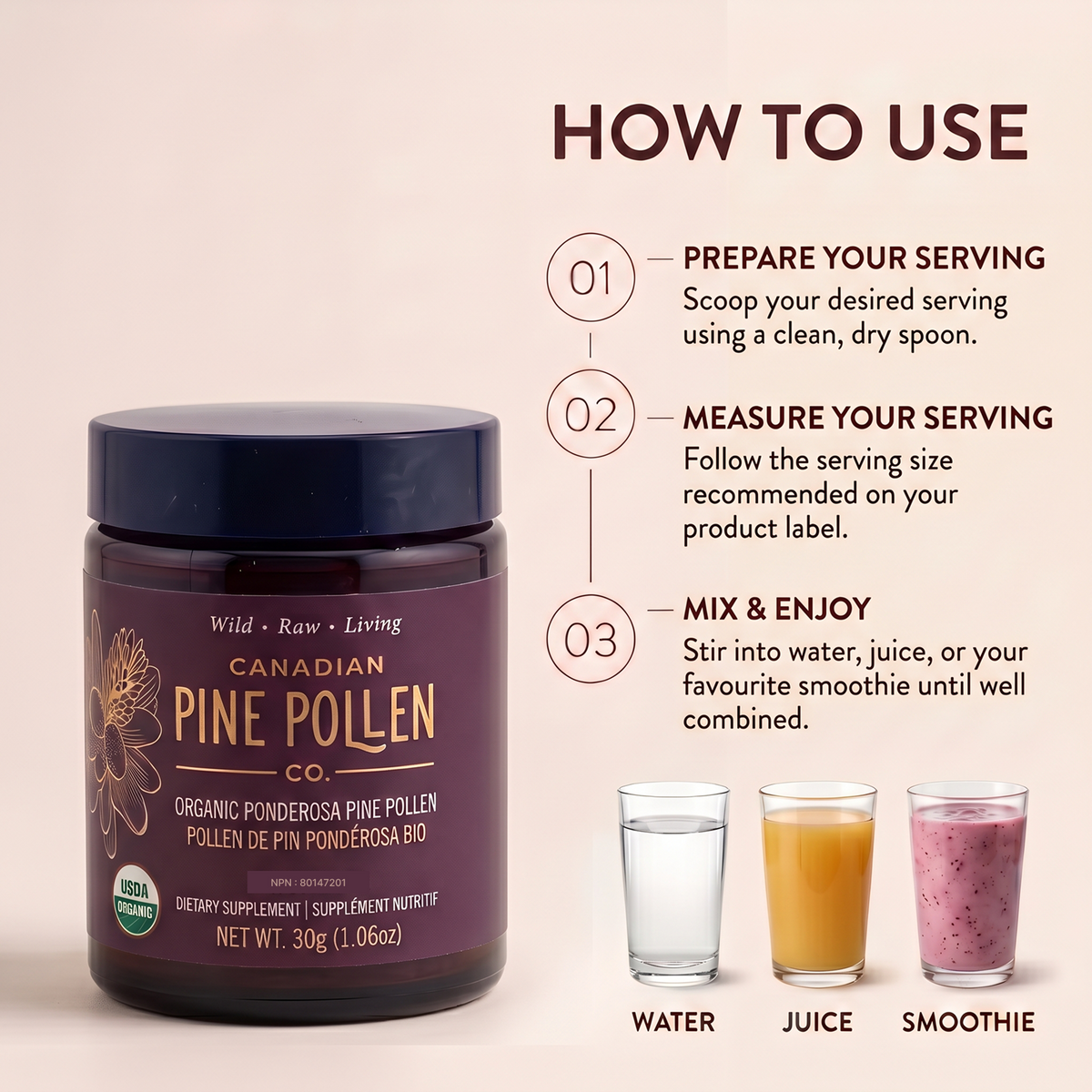 Poudre de pollen de pin ponderosa sauvage – Certifié biologique (70 g-2,9 oz)
