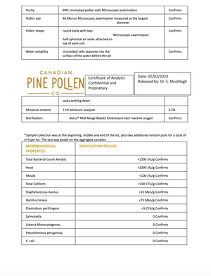 Wild Pine Pollen - Certified Organic  Lodgepole- 1kg (2.2lb)