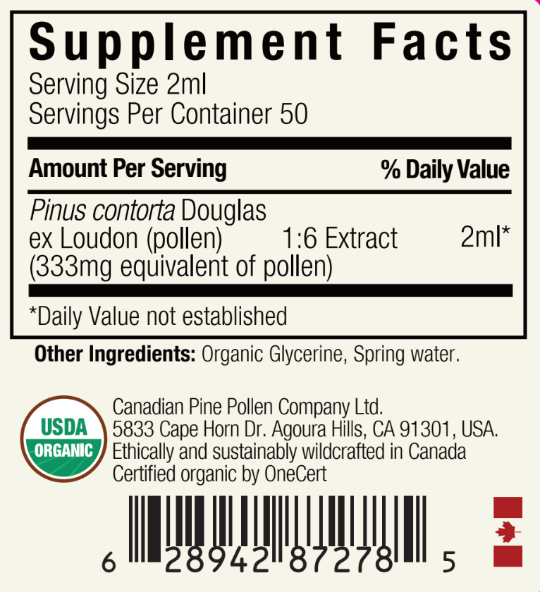 Alcohol Free- Lodgepole Pine Pollen Tincture - Certified Organic (100mL-3.4 fl oz)