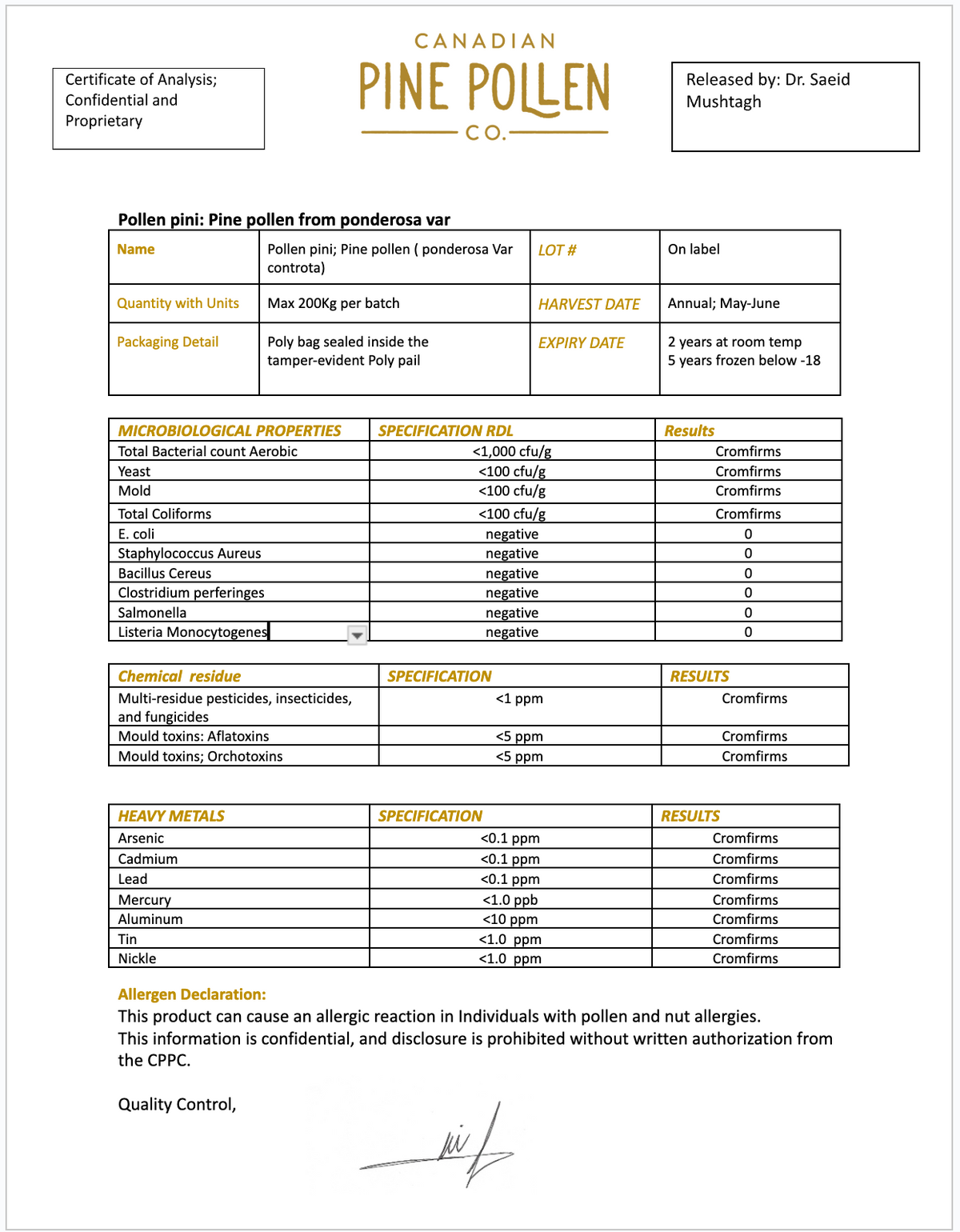 coa pine pollen powder canadian pine pollen